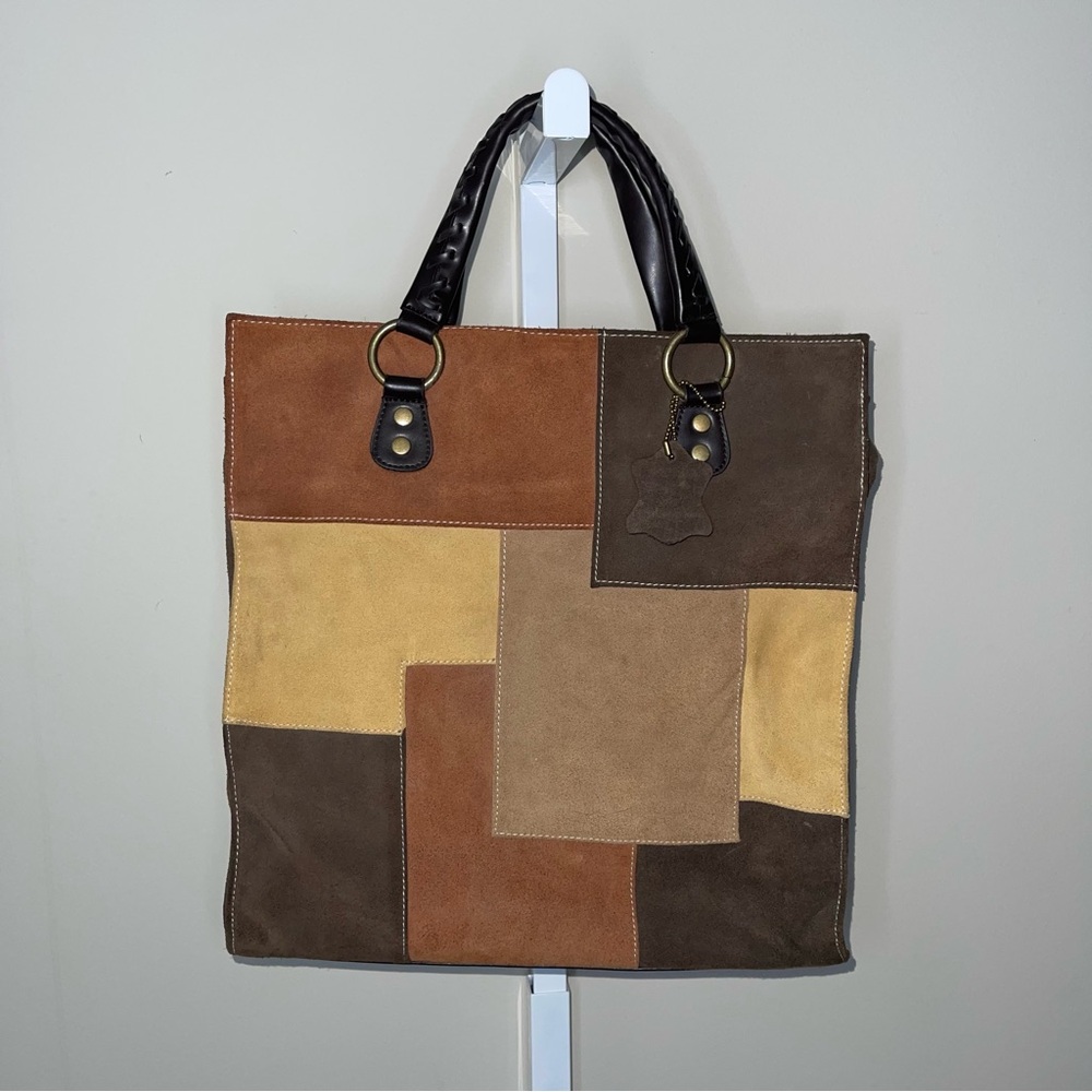 Valerie Stevens Genuine Leather Patchwork Tote Bag Brown Tan Suede